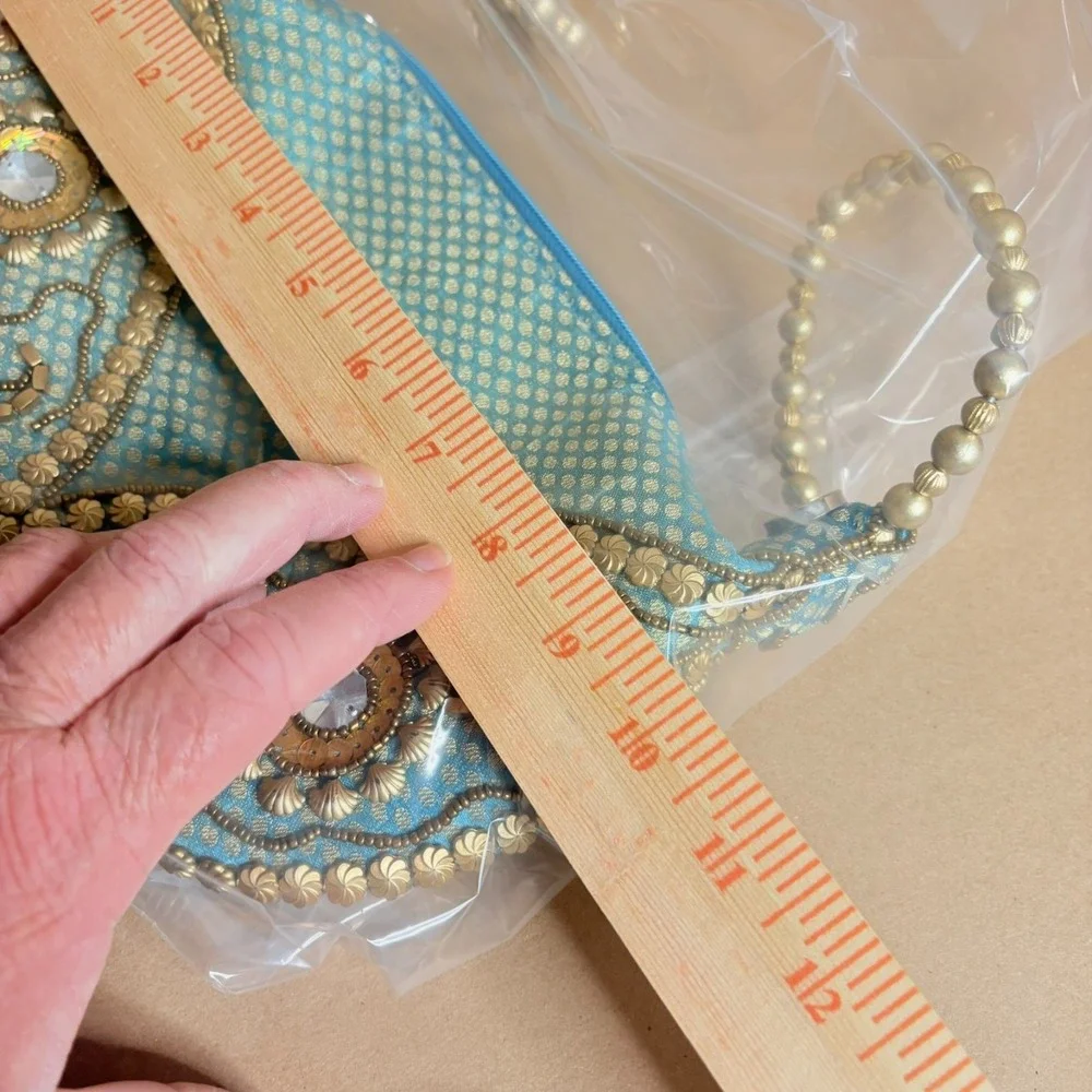 Boho Beaded Evening Clutch Purse India Handmade Blue Gold Wristlet Bag